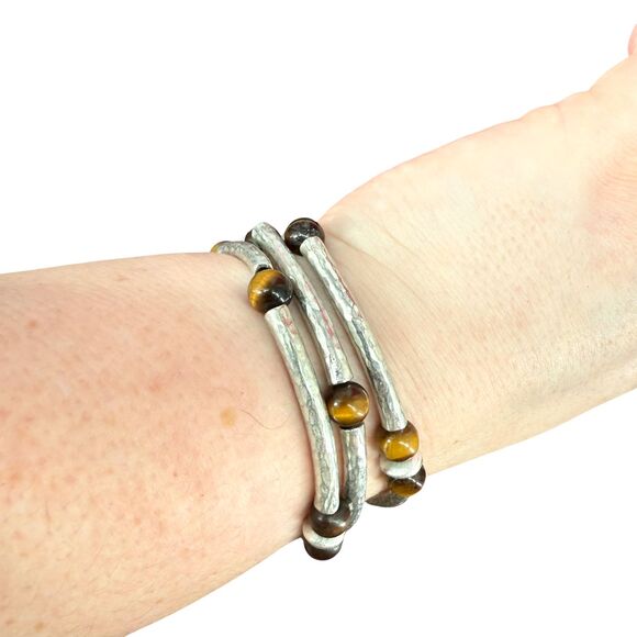 J. Jill Beaded Stone Bracelet Tiger's Eye Wood Hammered Metal Curved Silver Tone - Picture 8 of 14